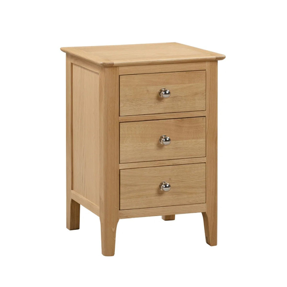 Julian Bowen Cotswold Solid Oak 3 Drawer Bedside Table with Oak Veneers & Silver Knobs - Sleek Furniture