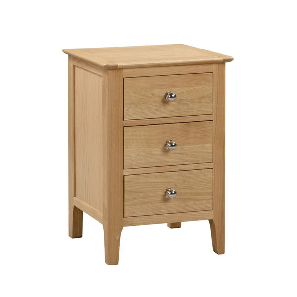 Julian Bowen Cotswold Solid Oak 3 Drawer Bedside Table with Oak Veneers & Silver Knobs - Sleek Furniture