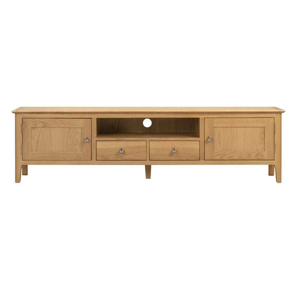 Julian Bowen Cotswold Solid Oak Widescreen TV Unit with 2 Drawers, 2 Cupboards & Open Shelf – Oak Entertainment Stand for TVs up to 65 Inch - Sleek Furniture