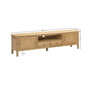 Julian Bowen Cotswold Solid Oak Widescreen TV Unit with 2 Drawers, 2 Cupboards & Open Shelf – Oak Entertainment Stand for TVs up to 65 Inch - Sleek Furniture