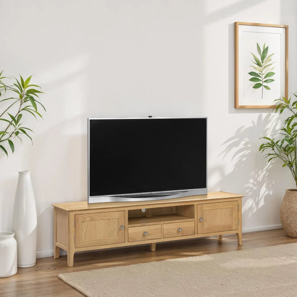 Julian Bowen Cotswold Solid Oak Widescreen TV Unit with 2 Drawers, 2 Cupboards & Open Shelf – Oak Entertainment Stand for TVs up to 65 Inch - Sleek Furniture