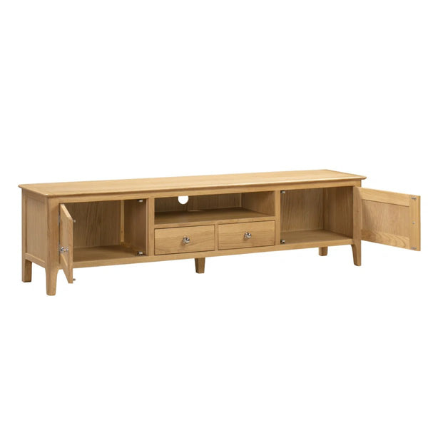 Julian Bowen Cotswold Solid Oak Widescreen TV Unit with 2 Drawers, 2 Cupboards & Open Shelf – Oak Entertainment Stand for TVs up to 65 Inch - Sleek Furniture