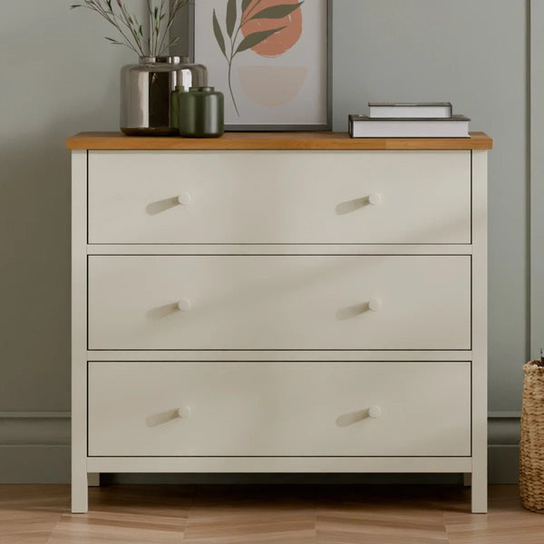 Julian Bowen Coxmoor 3 Drawer Chest – Oak & Ivory Oak Wooden Bedroom Storage Chest with Spacious Drawers - Sleek Furniture