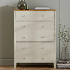 Julian Bowen Coxmoor 5 Drawer Wide Chest – Oak & Ivory/Oak Finish Bedroom Storage Chest with Spacious Drawers - Sleek Furniture