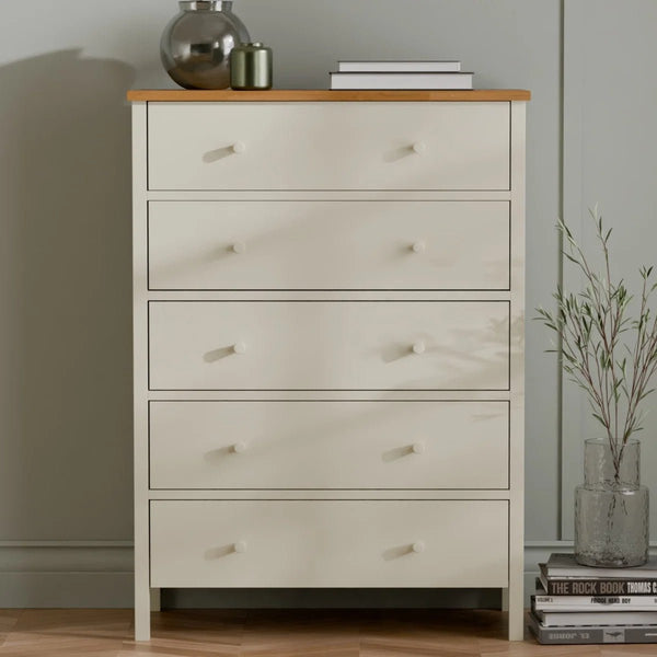 Julian Bowen Coxmoor 5 Drawer Wide Chest – Oak & Ivory/Oak Finish Bedroom Storage Chest with Spacious Drawers - Sleek Furniture