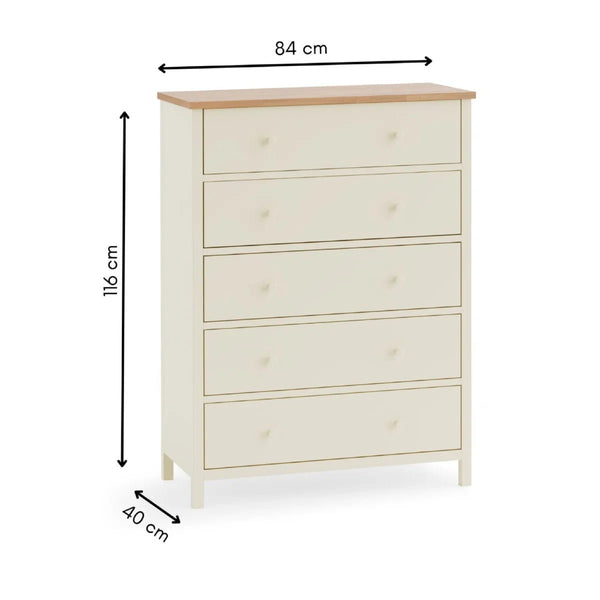 Julian Bowen Coxmoor 5 Drawer Wide Chest – Oak & Ivory/Oak Finish Bedroom Storage Chest with Spacious Drawers - Sleek Furniture