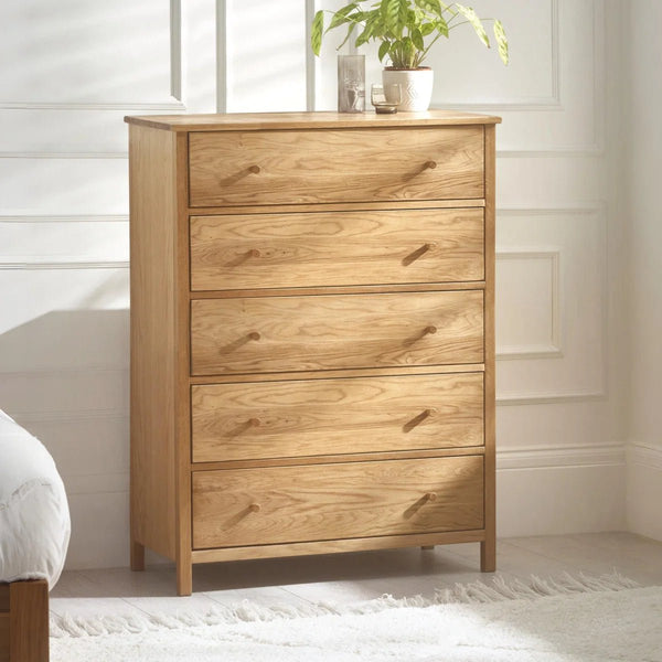 Julian Bowen Coxmoor 5 Drawer Wide Chest – Oak & Ivory/Oak Finish Bedroom Storage Chest with Spacious Drawers - Sleek Furniture