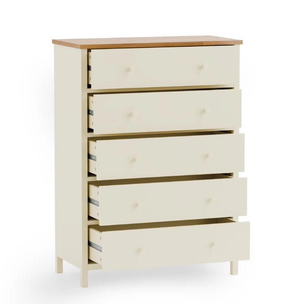 Julian Bowen Coxmoor 5 Drawer Wide Chest – Oak & Ivory/Oak Finish Bedroom Storage Chest with Spacious Drawers - Sleek Furniture