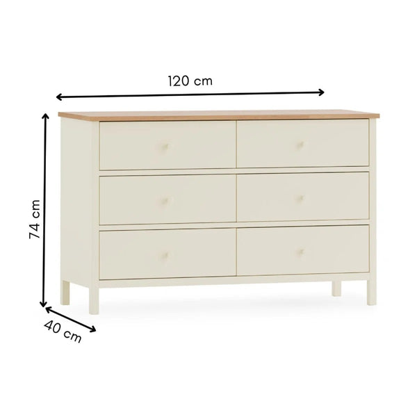 Julian Bowen Coxmoor 6 Drawer Chest – Oak Finish / Oak & Ivory Finish Bedroom Storage Unit - Sleek Furniture