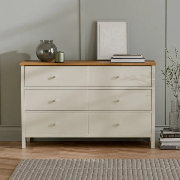 Julian Bowen Coxmoor 6 Drawer Chest – Oak Finish / Oak & Ivory Finish Bedroom Storage Unit - Sleek Furniture