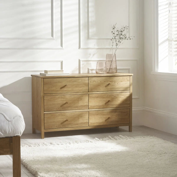 Julian Bowen Coxmoor 6 Drawer Chest – Oak Finish / Oak & Ivory Finish Bedroom Storage Unit - Sleek Furniture
