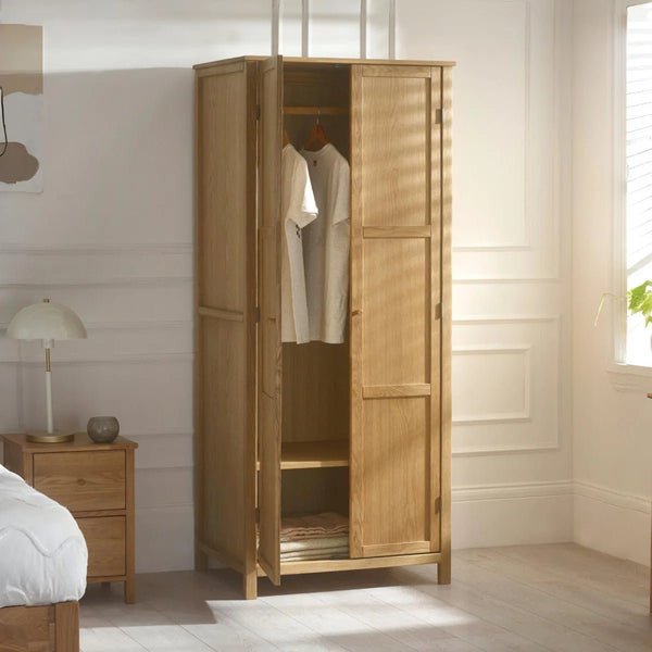 Julian Bowen Coxmoor Oak Wooden 2 Door Wardrobe with Hanging Rail and Top Storage Shelf - Sleek Furniture