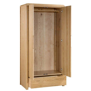 Julian Bowen Curve 2 Door 1 Drawer Solid Oak Wardrobe with Hanging Rail & Storage Drawer - Sleek Furniture