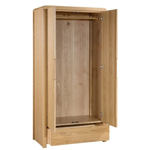 Julian Bowen Curve 2 Door 1 Drawer Solid Oak Wardrobe with Hanging Rail & Storage Drawer - Sleek Furniture