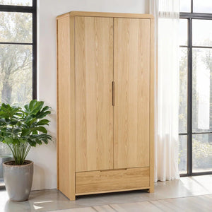 Julian Bowen Curve 2 Door 1 Drawer Solid Oak Wardrobe with Hanging Rail & Storage Drawer - Sleek Furniture
