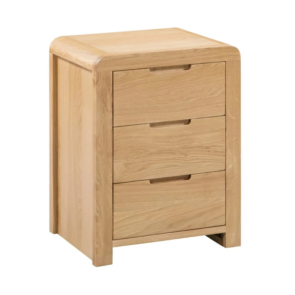 Julian Bowen Curve 3 Drawer Bedside Table in Solid White Oak & Oak Veneers with Recessed Handles - Sleek Furniture