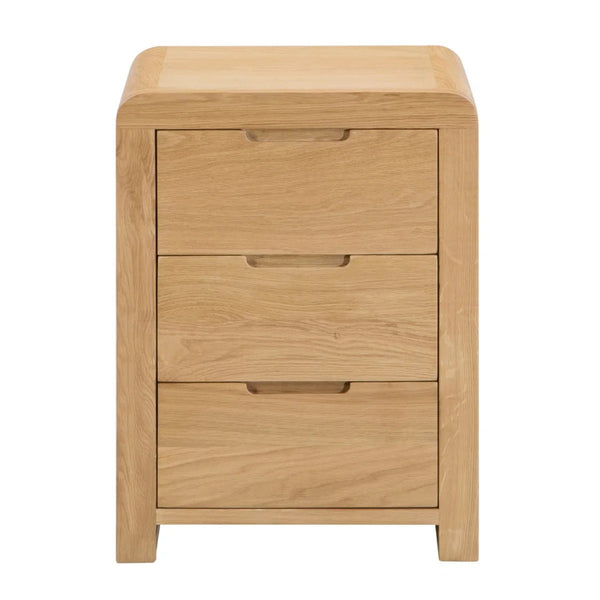 Julian Bowen Curve 3 Drawer Bedside Table in Solid White Oak & Oak Veneers with Recessed Handles - Sleek Furniture
