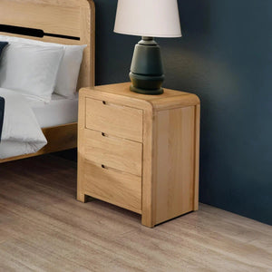 Julian Bowen Curve 3 Drawer Bedside Table in Solid White Oak & Oak Veneers with Recessed Handles - Sleek Furniture
