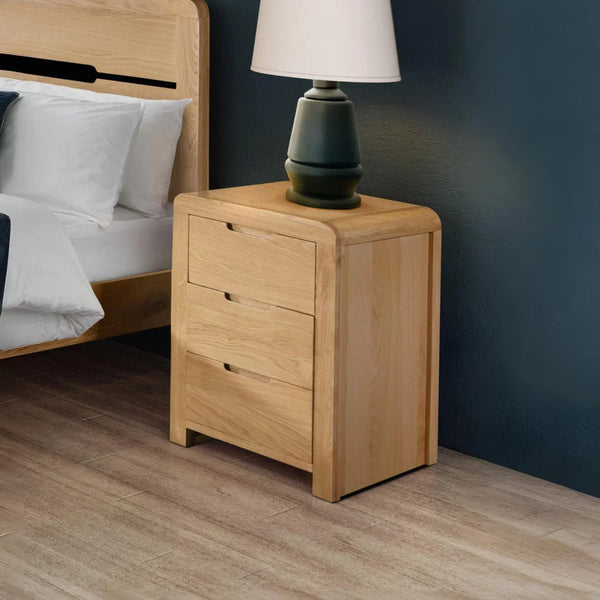 Julian Bowen Curve 3 Drawer Bedside Table in Solid White Oak & Oak Veneers with Recessed Handles - Sleek Furniture