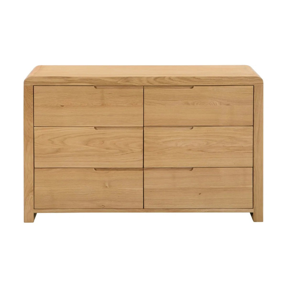 Julian Bowen Curve 6 Drawer Wide Chest – Solid White Oak & Oak Veneer Bedroom Storage Chest with Recessed Handles - Sleek Furniture