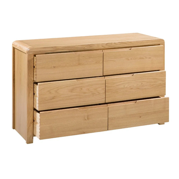 Julian Bowen Curve 6 Drawer Wide Chest – Solid White Oak & Oak Veneer Bedroom Storage Chest with Recessed Handles - Sleek Furniture
