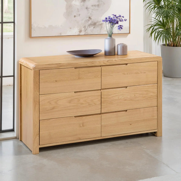 Julian Bowen Curve 6 Drawer Wide Chest – Solid White Oak & Oak Veneer Bedroom Storage Chest with Recessed Handles - Sleek Furniture