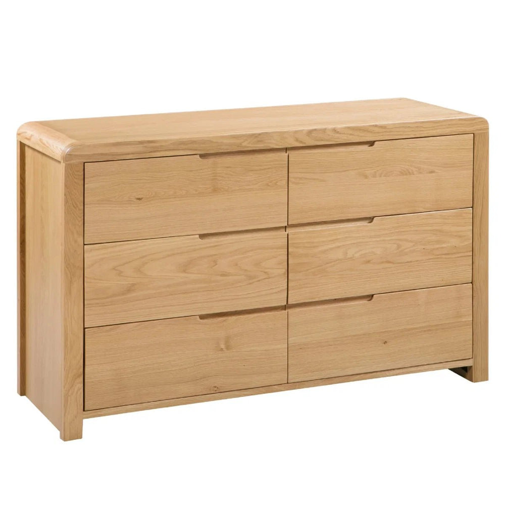 Julian Bowen Curve 6 Drawer Wide Chest – Solid White Oak & Oak Veneer Bedroom Storage Chest with Recessed Handles - Sleek Furniture