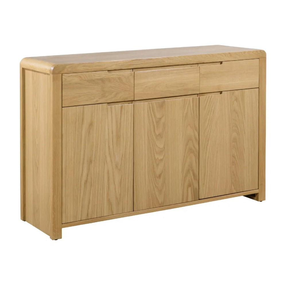 Julian Bowen Curve Oak Sideboard – Solid Oak & Oak Veneers Storage Cabinet with 3 Drawers & 3 Doors - Sleek Furniture