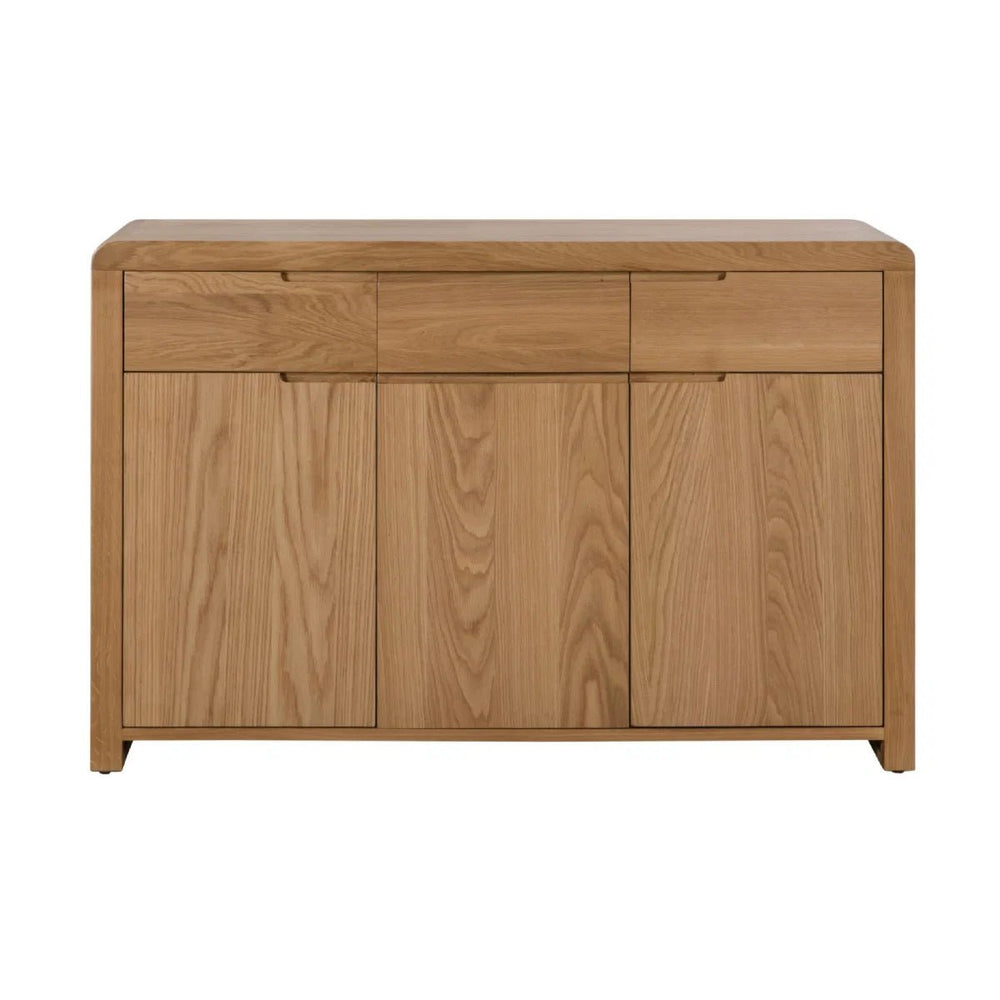 Julian Bowen Curve Oak Sideboard – Solid Oak & Oak Veneers Storage Cabinet with 3 Drawers & 3 Doors - Sleek Furniture