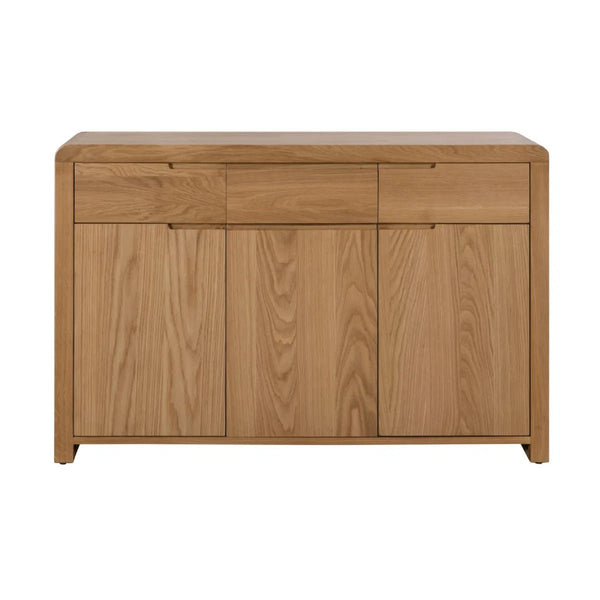 Julian Bowen Curve Oak Sideboard – Solid Oak & Oak Veneers Storage Cabinet with 3 Drawers & 3 Doors - Sleek Furniture