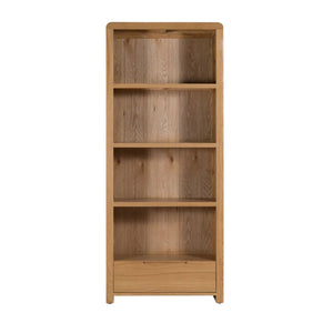 Julian Bowen Curve Oak Tall Bookcase with Drawer – Solid Oak & Oak Veneers Storage Shelving Unit - Sleek Furniture