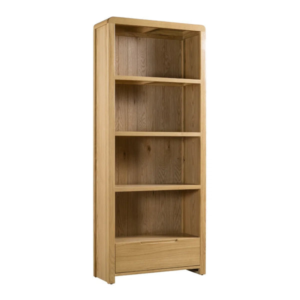 Julian Bowen Curve Oak Tall Bookcase with Drawer – Solid Oak & Oak Veneers Storage Shelving Unit - Sleek Furniture
