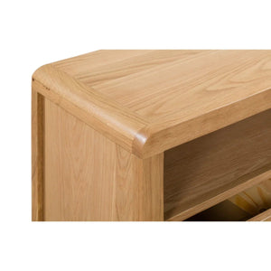 Julian Bowen Curve Oak TV Unit with 3 Drawers & Open Shelving – Solid Oak & Oak Veneers, Modern Retro Entertainment Stand for TVs up to 40 Inches - Sleek Furniture