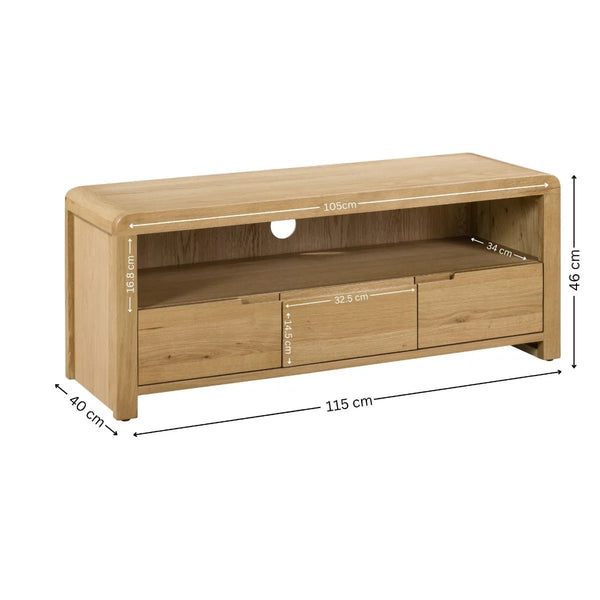 Julian Bowen Curve Oak TV Unit with 3 Drawers & Open Shelving – Solid Oak & Oak Veneers, Modern Retro Entertainment Stand for TVs up to 40 Inches - Sleek Furniture