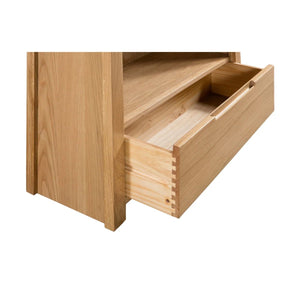 Julian Bowen Curve Oak TV Unit with 3 Drawers & Open Shelving – Solid Oak & Oak Veneers, Modern Retro Entertainment Stand for TVs up to 40 Inches - Sleek Furniture