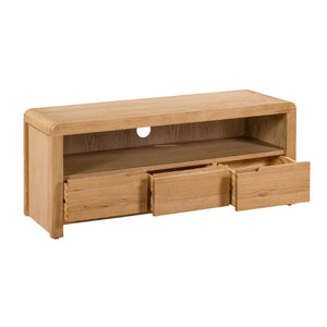 Julian Bowen Curve Oak TV Unit with 3 Drawers & Open Shelving – Solid Oak & Oak Veneers, Modern Retro Entertainment Stand for TVs up to 40 Inches - Sleek Furniture