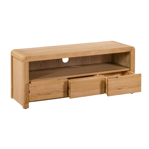 Julian Bowen Curve Oak TV Unit with 3 Drawers & Open Shelving – Solid Oak & Oak Veneers, Modern Retro Entertainment Stand for TVs up to 40 Inches - Sleek Furniture