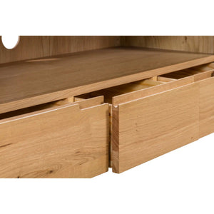 Julian Bowen Curve Oak TV Unit with 3 Drawers & Open Shelving – Solid Oak & Oak Veneers, Modern Retro Entertainment Stand for TVs up to 40 Inches - Sleek Furniture