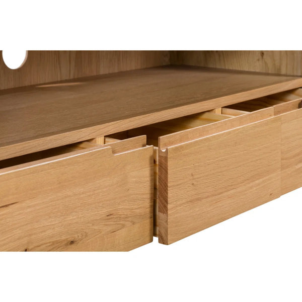 Julian Bowen Curve Oak TV Unit with 3 Drawers & Open Shelving – Solid Oak & Oak Veneers, Modern Retro Entertainment Stand for TVs up to 40 Inches - Sleek Furniture