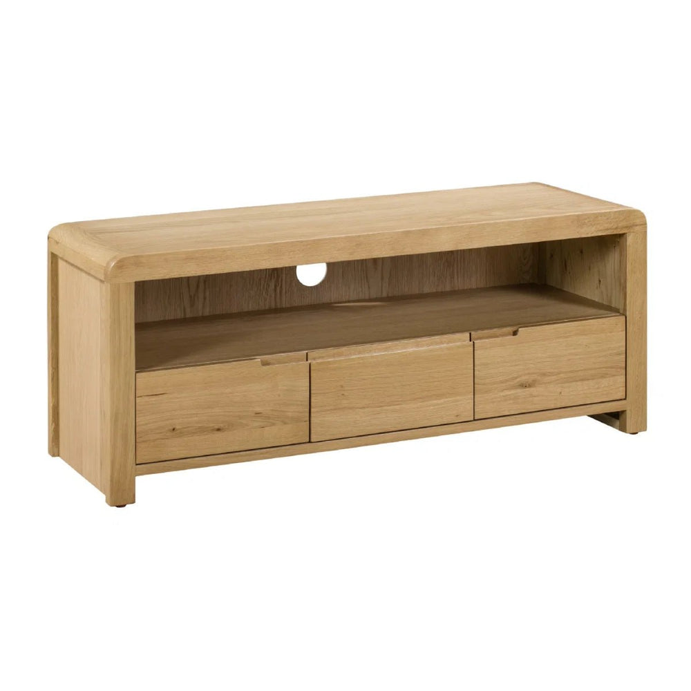 Julian Bowen Curve Oak TV Unit with 3 Drawers & Open Shelving – Solid Oak & Oak Veneers, Modern Retro Entertainment Stand for TVs up to 40 Inches - Sleek Furniture