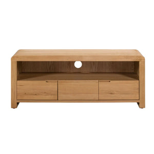 Julian Bowen Curve Oak TV Unit with 3 Drawers & Open Shelving – Solid Oak & Oak Veneers, Modern Retro Entertainment Stand for TVs up to 40 Inches - Sleek Furniture