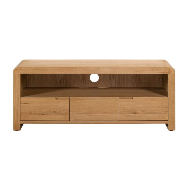 Julian Bowen Curve Oak TV Unit with 3 Drawers & Open Shelving – Solid Oak & Oak Veneers, Modern Retro Entertainment Stand for TVs up to 40 Inches - Sleek Furniture