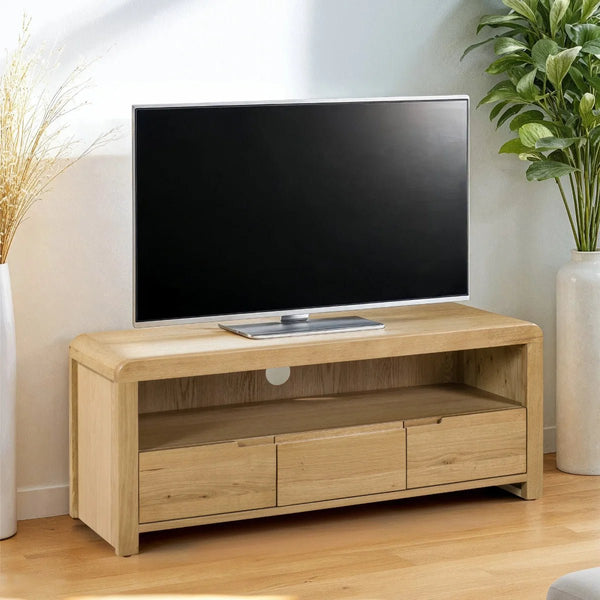 Julian Bowen Curve Oak TV Unit with 3 Drawers & Open Shelving – Solid Oak & Oak Veneers, Modern Retro Entertainment Stand for TVs up to 40 Inches - Sleek Furniture