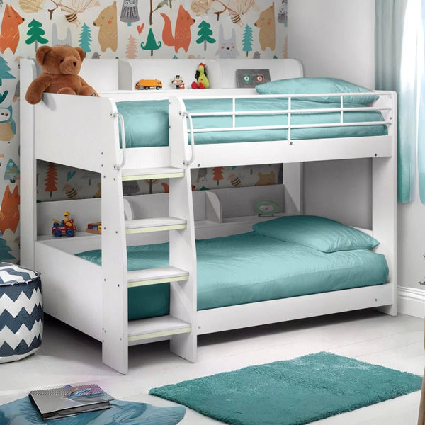 Julian Bowen Domino White Wooden Bunk Bed with Rear Shelving & Glow-in-the-Dark Ladder Steps - Sleek Furniture