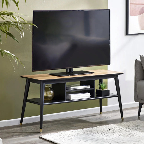 Julian Bowen Findlay Walnut & Black Media Unit with Brass-Tipped Legs - Sleek Furniture