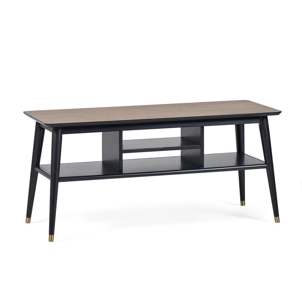 Julian Bowen Findlay Walnut & Black Media Unit with Brass-Tipped Legs - Sleek Furniture