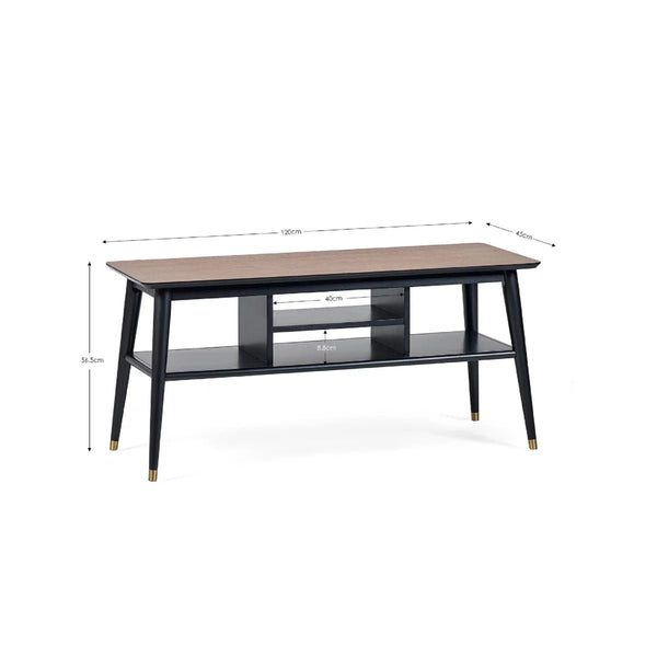 Julian Bowen Findlay Walnut & Black Media Unit with Brass-Tipped Legs - Sleek Furniture