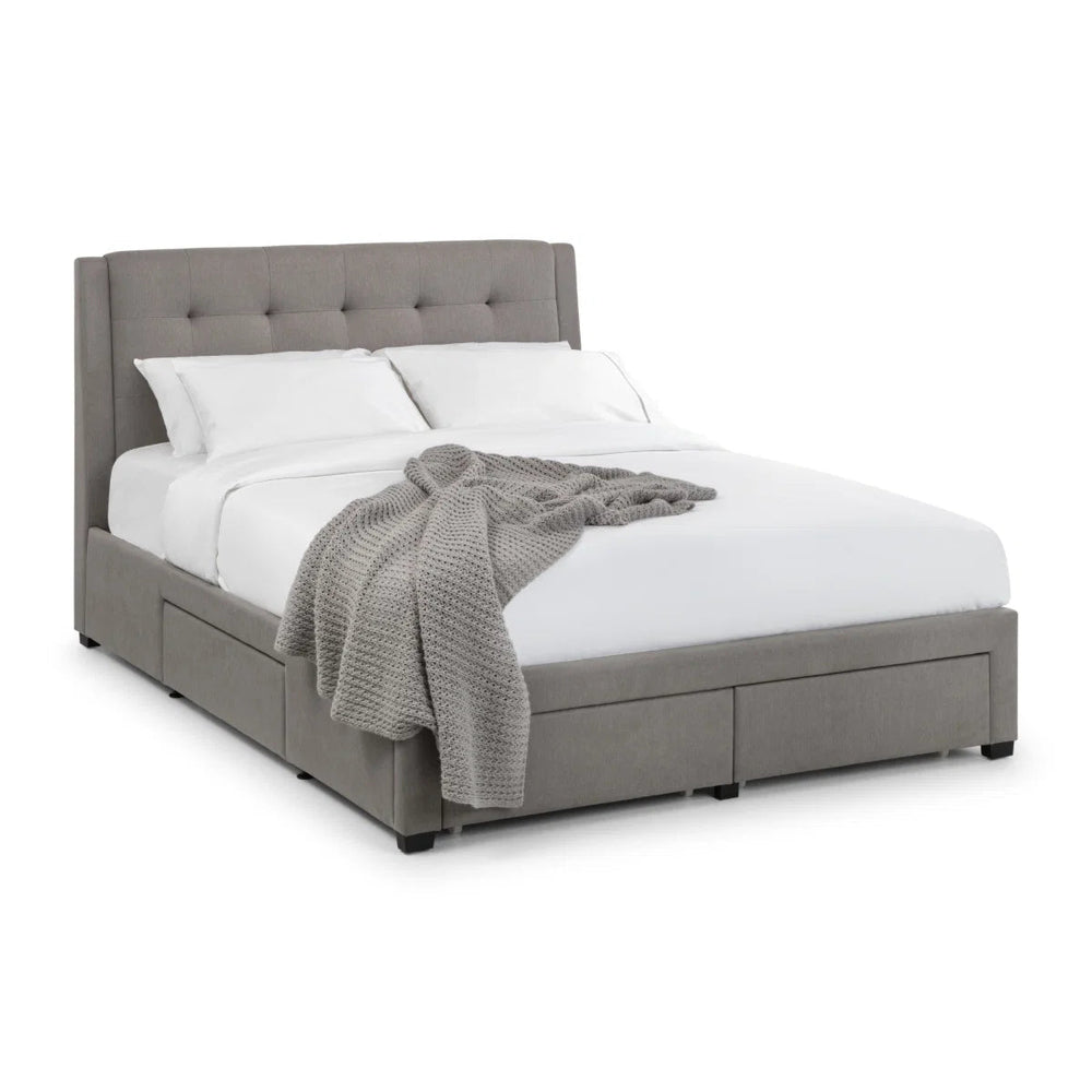 Julian Bowen Fullerton Grey Linen Upholstered Storage Bed with 4 Drawers & Deep Buttoned Headboard - Sleek Furniture