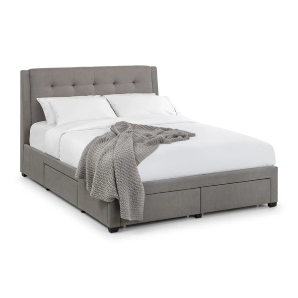 Julian Bowen Fullerton Grey Linen Upholstered Storage Bed with 4 Drawers & Deep Buttoned Headboard - Sleek Furniture