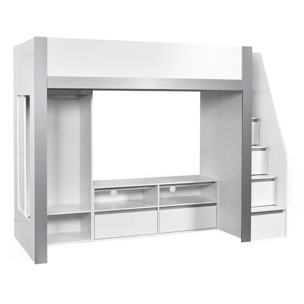 Julian Bowen Gaia High Sleeper Wooden Storage Bed with Wardrobe, Shelving & Storage Ladder – White & Silver, 90 x 190cm Single - Sleek Furniture
